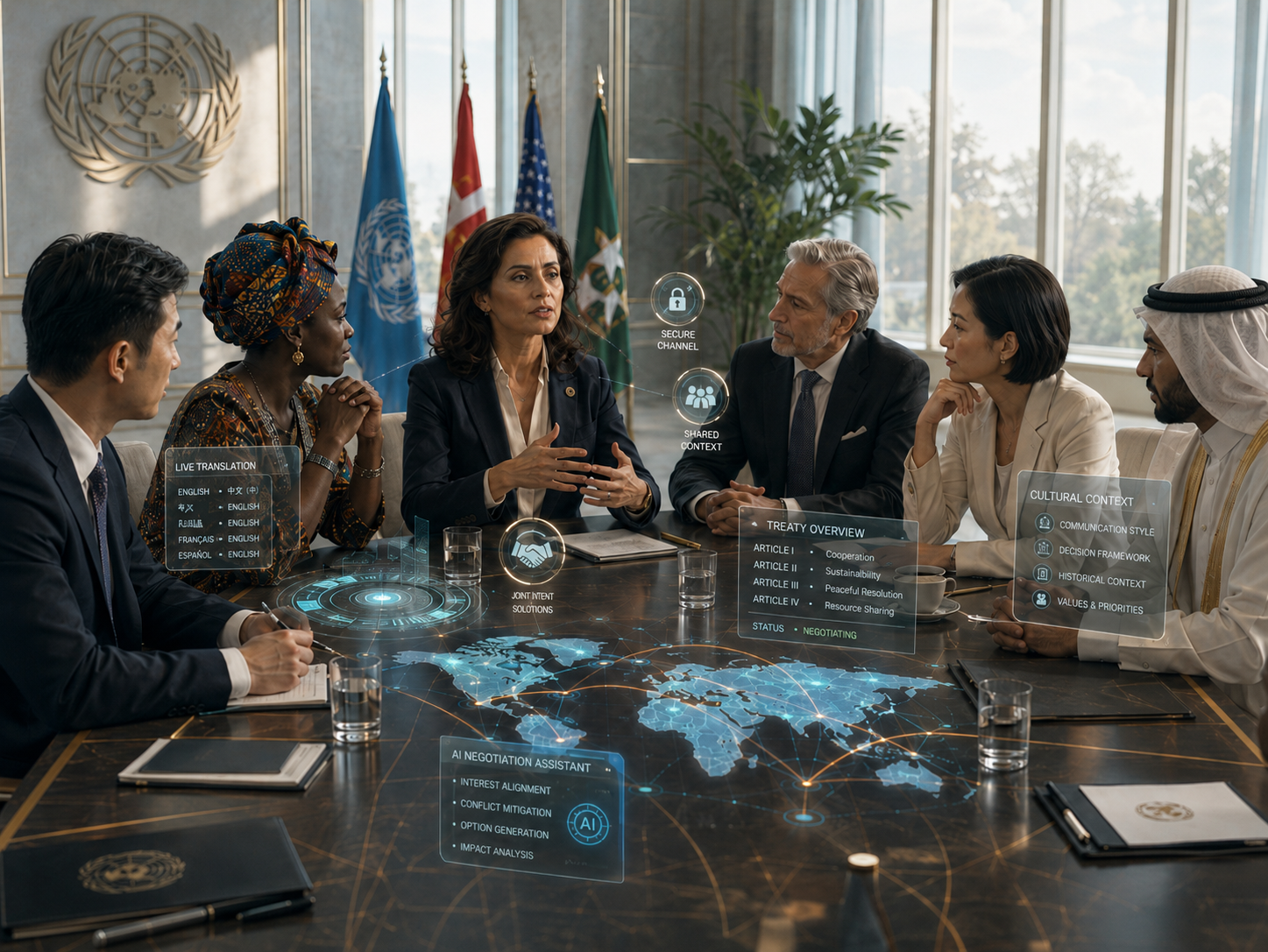 Diplomatic meeting with AI assistance overlays